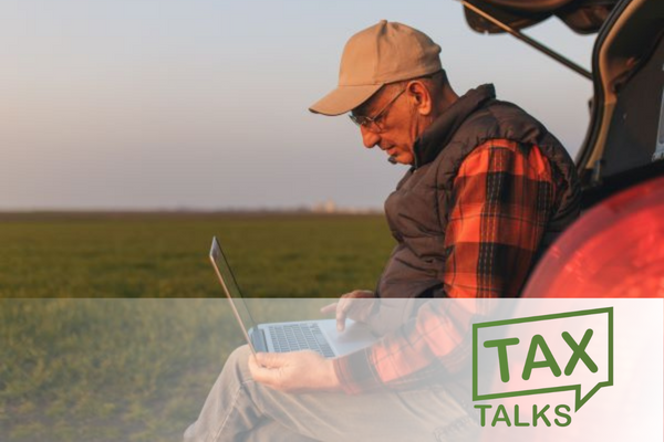 Adult male farmer sitting on open trunkbed in a crop field using a laptop 