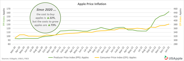 Line graph of apple price inflation from March 2020 to January 2023