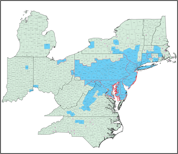 Map of New England and surrounding states showing the distribution of established populations of Spotted Lantern Fly as of March 14, 2023