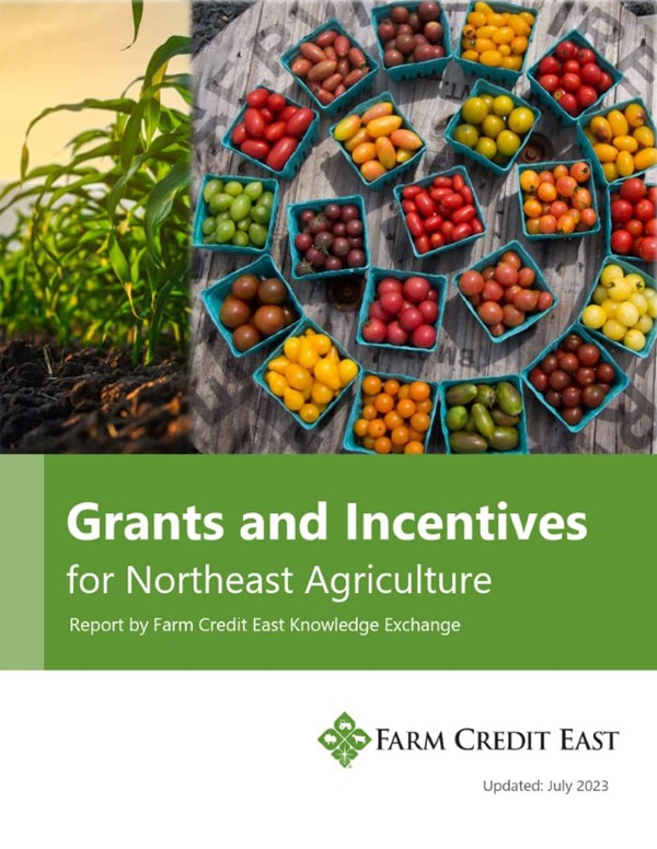 Report cover for 2023 Grants and Incentives for Northeast Agriculture featuring images of corn stalks and colorful tomatoes in containers