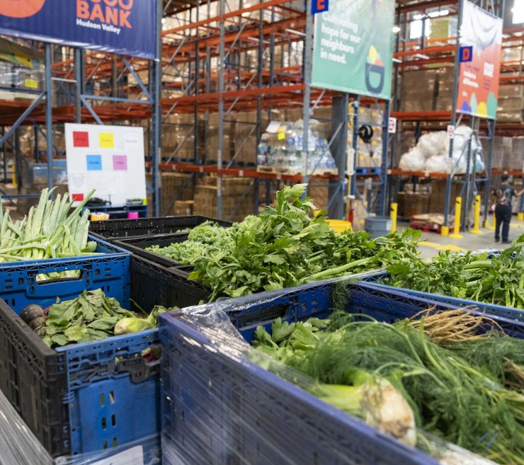 Bins of produce inside of warehouse in preparation for distribution.