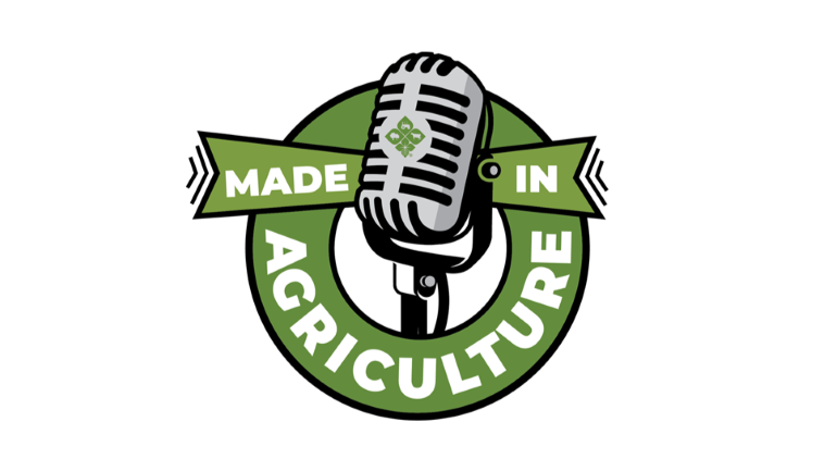 Made in Agriculture podcast logo featuring a vintage microphone centered within a green circular emblem and banner displaying the words “Made in Agriculture.”