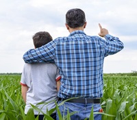 Father and son stand in cornfield