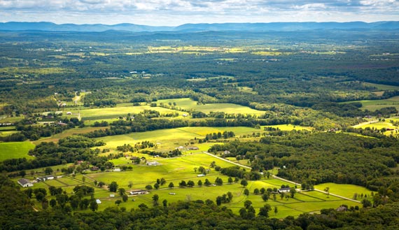 Large aerial view of Northeastern fields and pastures 