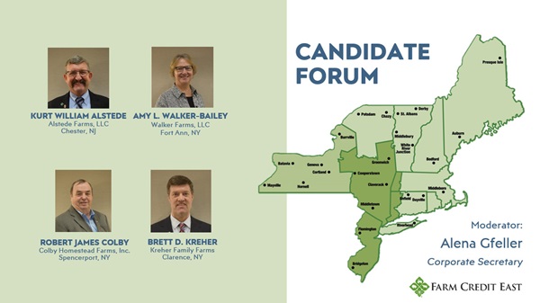 Headshots of four 2023 director candidate with voting region map.