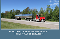 Report cover image of milk tanker truck driving down a highway by greenery with a blue sky. 