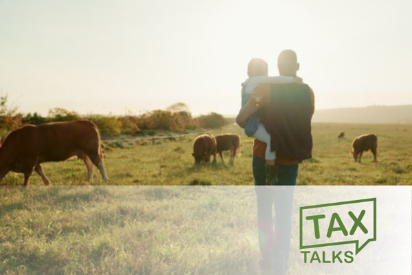 Family, farm and cattle with a girl and father walking on a field or grass meadow in the agricultural industry. Tax Talk logo on picture.