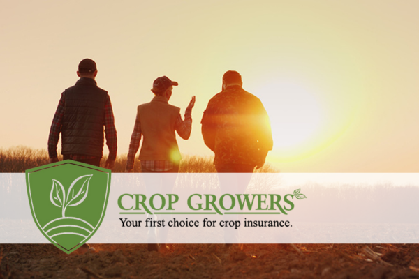 Three farmers walking side by side in a crop field during sunset with the Crop Growers logo over the image