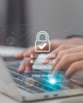 Person touching virtual shield, secure access, encrypted connection. Password protected system and storage.