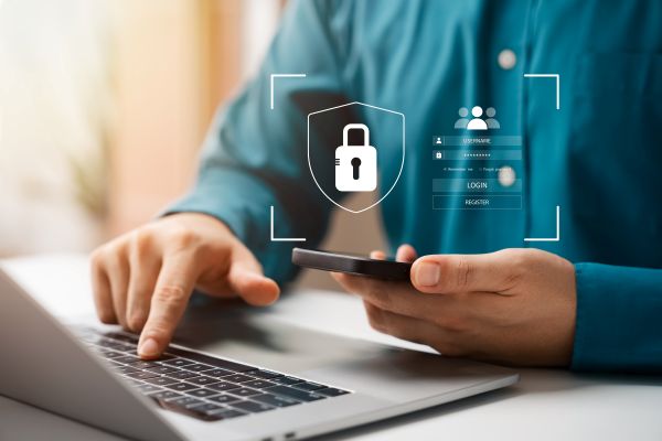 Concept of cyber security, businessman using smartphone information security and encryption, secure access to user's personal information, secure Internet access.