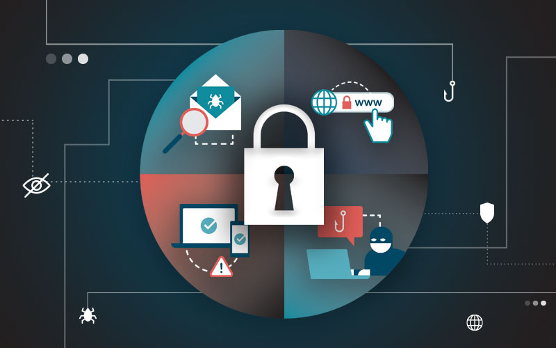 Illustration of padlock in a circle surrounded by digital security items on a dark background with lines representing digital paths.