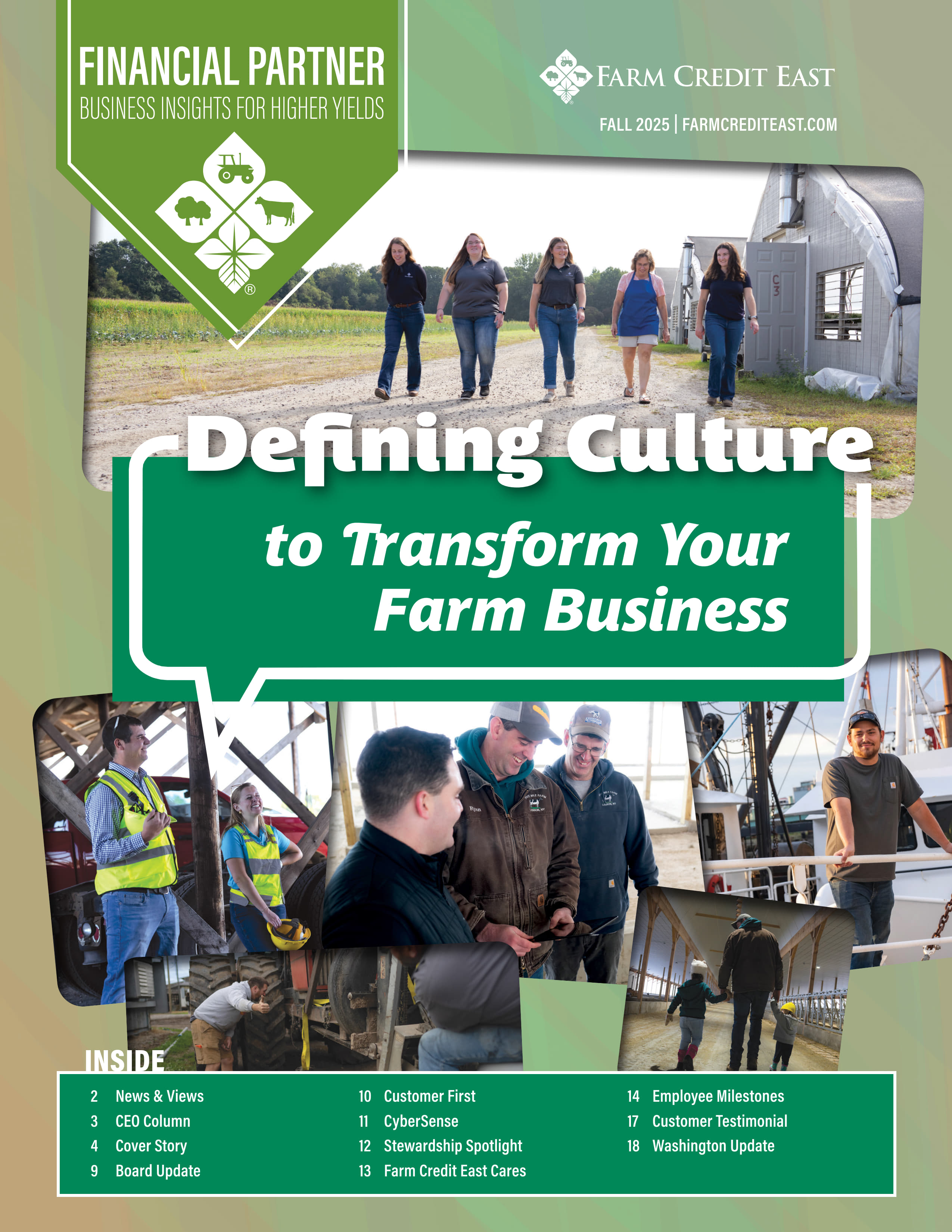 Cover image of the Fall 2025 Financial Partner magazine. A collage of candid photos of Farm Credit East customers and staff on various operations.