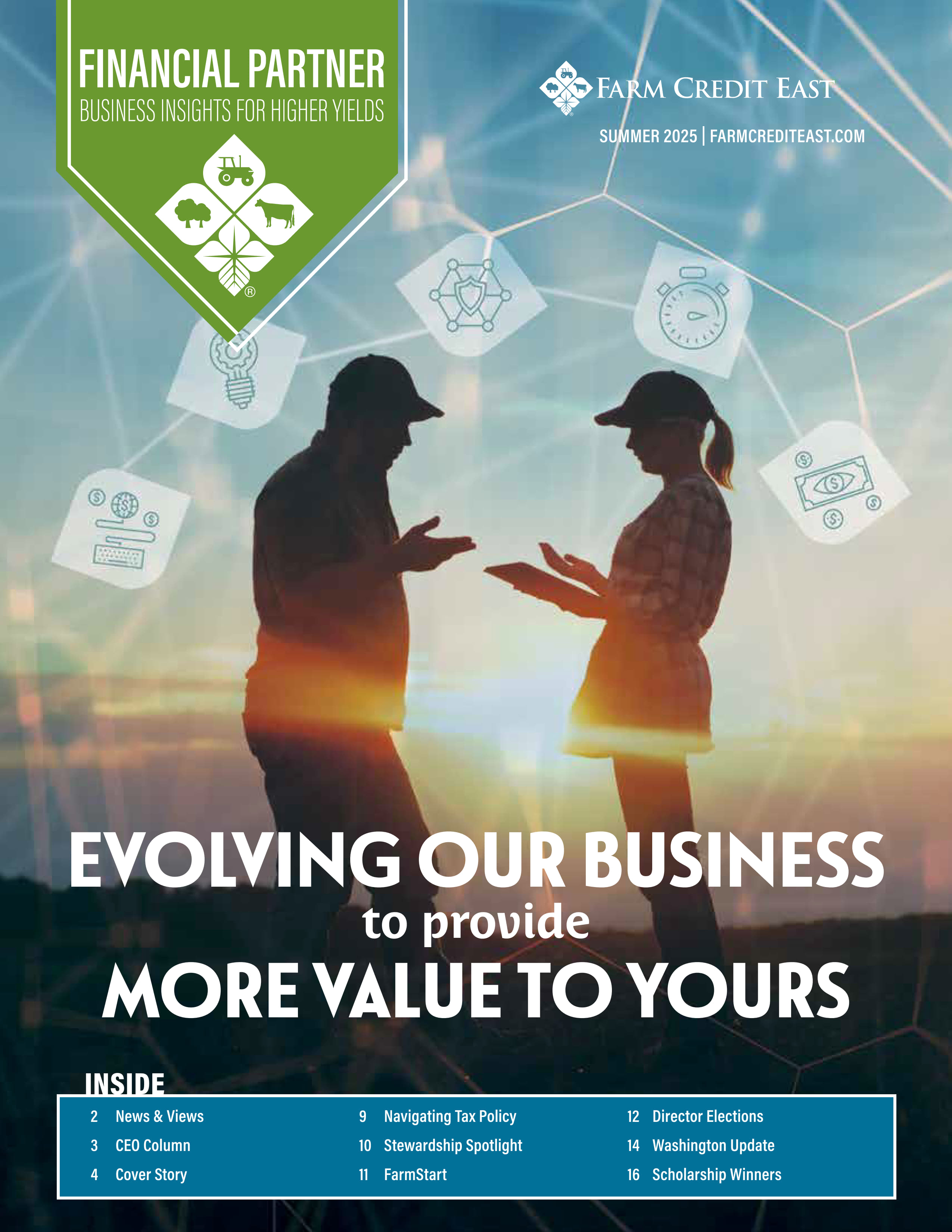 Summer 2025 Financial Partner Magazine Cover image. Two farmers speaking, with icons depicting connection, technology, security, time and money.