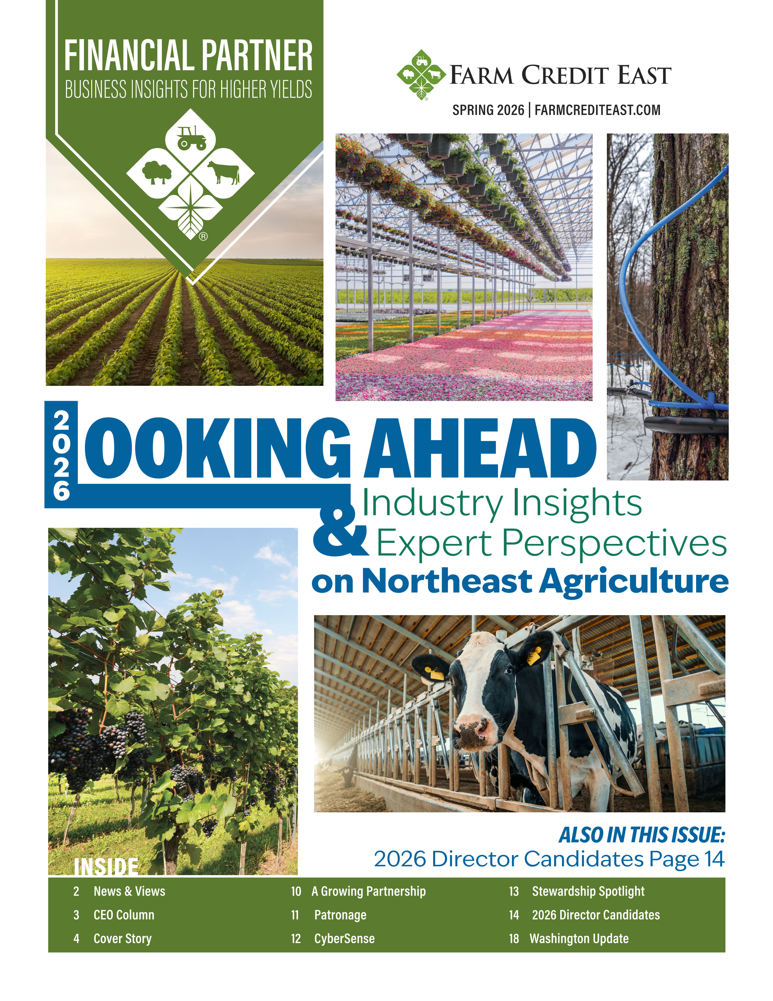 Cover page of the 2026 issue of Financial Partner magazine, featuring industry images containing dairy, row crop, greenhouse, maple and grapes.