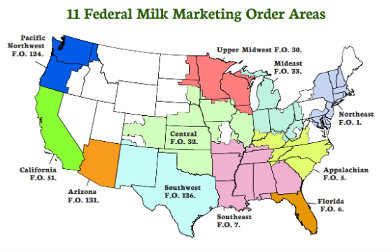 Map of US 11 Federal Milk Marketing Order Areas