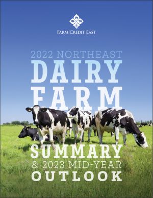 2022 NE Dairy Farm Summary and 2023 Mid Year Outlook report cover picture of a group of black and white cows in a field grazing 