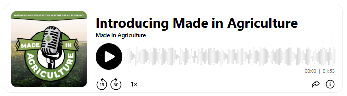 Made in Agriculture podcast cover art displayed alongside an audio player for the introductory episode, featuring a microphone logo over a farm field background.