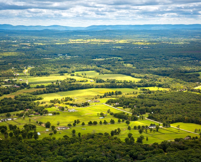 Large aerial view of Northeastern fields and pastures 