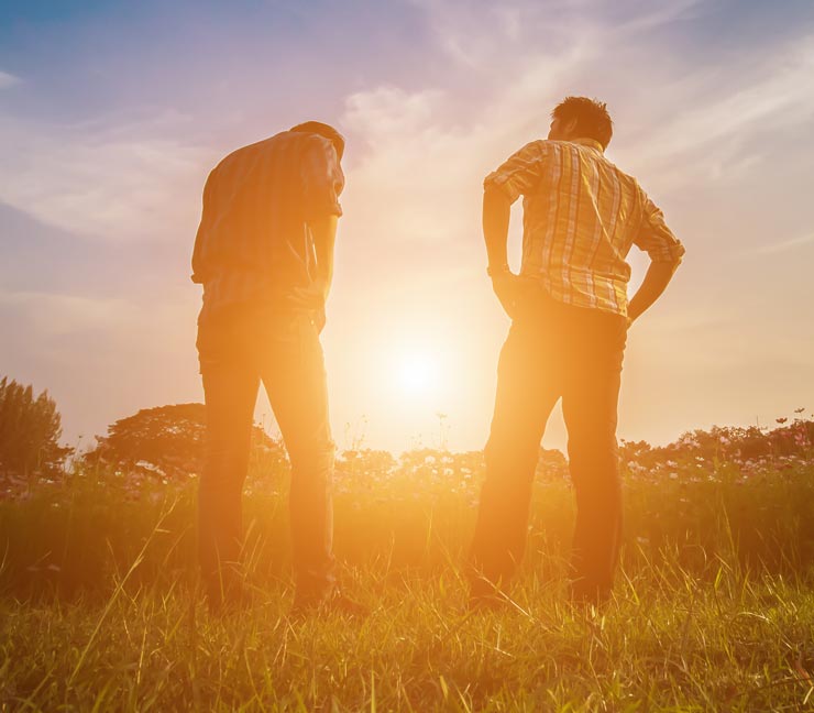 Two men look at wildflowers in sunset 